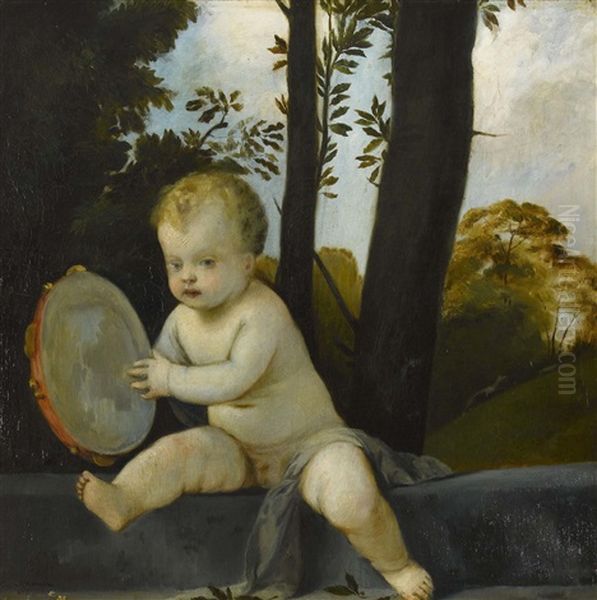 Kleiner Putto Mit Tambourin In Waldlandschaft Oil Painting by Rudolf Konopa