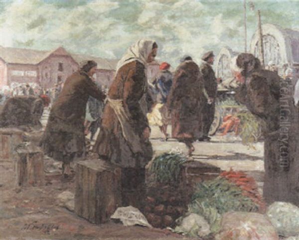 Der Zentralmarkt Von Riga Oil Painting by Bronislaus Konrads