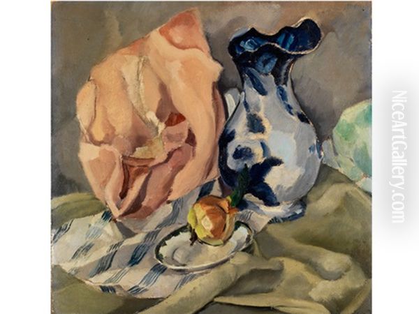 Stilleben Mit Blau-gemustertem Krug Und Frucht In Einem Teller Auf Getreiftem Tuch (+ Sketch Of Another Still Life, Verso) Oil Painting by Rudolph Konsten