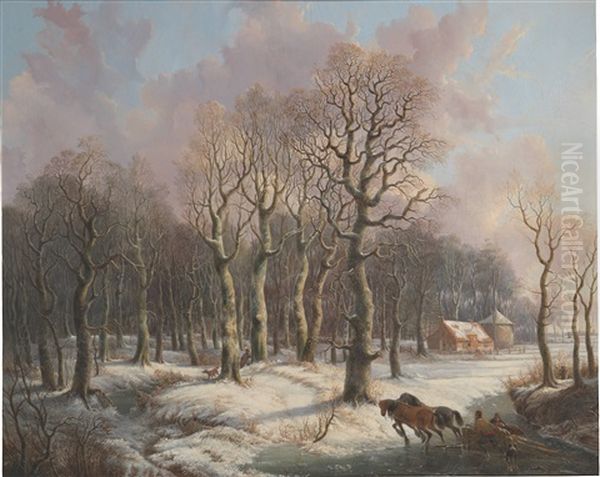 Wood Gatherers With A Horse Drawn Sleigh And A Hunter In A Wintry Forest Oil Painting by Adrianus Van Der Koogh