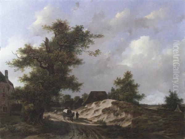 Voyageurs Sur Un Chemin Sablonneux Traversant Un Village Oil Painting by Adrianus Van Der Koogh