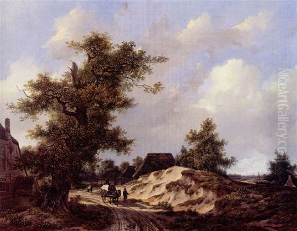 Voyageurs Sur Un Chemin Sablonneux Traversant Un Village Oil Painting by Adrianus Van Der Koogh