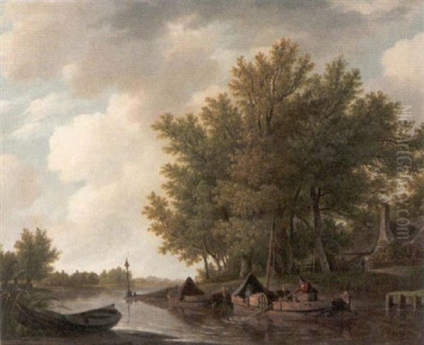 Sommerliche Fluslandschaft Mit Kate Und Plattbodenschiffen Oil Painting by Adrianus Van Der Koogh