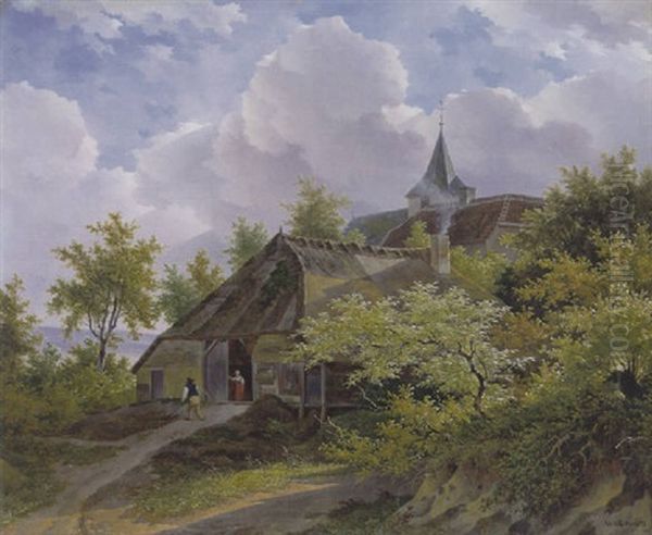 Heuvelachtig Landschap Met Huizen Tussen Bomen Oil Painting by Adrianus Van Der Koogh