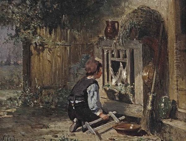 Feeding The Rabbits Oil Painting by Sipke (Cornelis) Kool