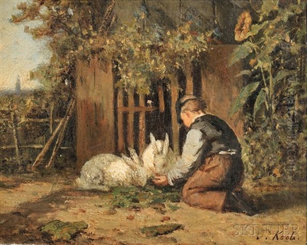 Young Boy Feeding Rabbits Oil Painting by Sipke (Cornelis) Kool