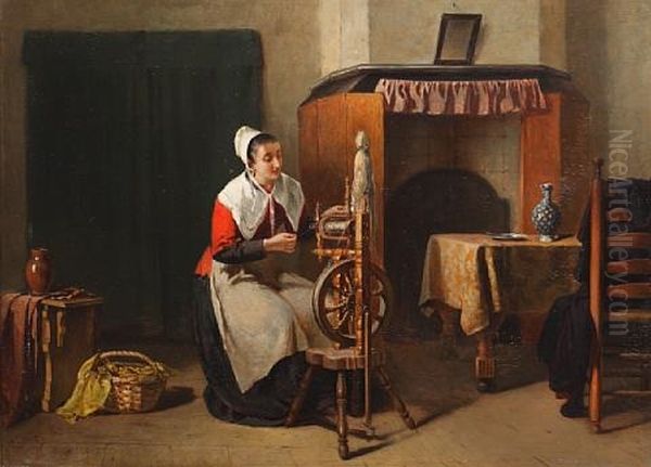 The Spinning Wheel Oil Painting by Sipke (Cornelis) Kool