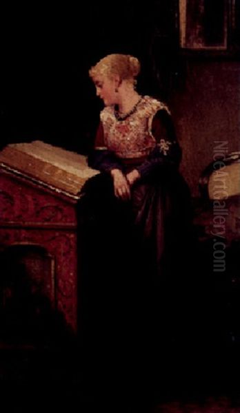 Portrait Einer Jungen Frau Am Stehpult Mit Folianten Oil Painting by Sipke (Cornelis) Kool