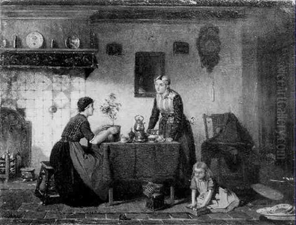 A Frysian Interior With Women In Traditional Costume Oil Painting by Sipke (Cornelis) Kool