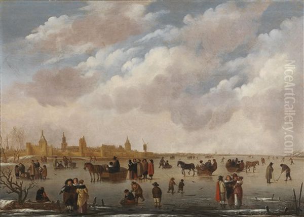 Elegant Figures On The Ice With A Town Beyond Oil Painting by Willem Gillisz Kool