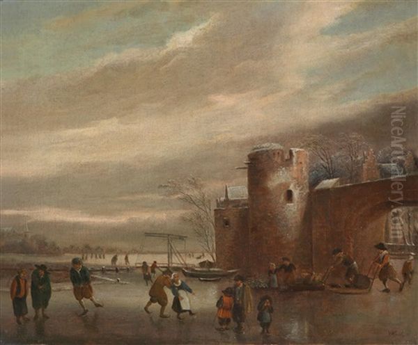 Eisvergnugen Vor Einer Befestigten Stadt Oil Painting by Willem Gillisz Kool