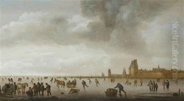 A Winter Landscape With Skaters On The Singel Near The Northern City Wall With The St. Janspoort, Haarlem Oil Painting by Willem Gillisz Kool