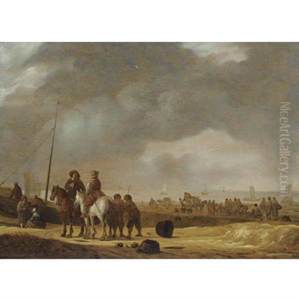 Beach Scene With Two Horsemen Conversing, Fisherfolk Unloading Carts, Sailing Vessels Beyond Oil Painting by Willem Gillisz Kool