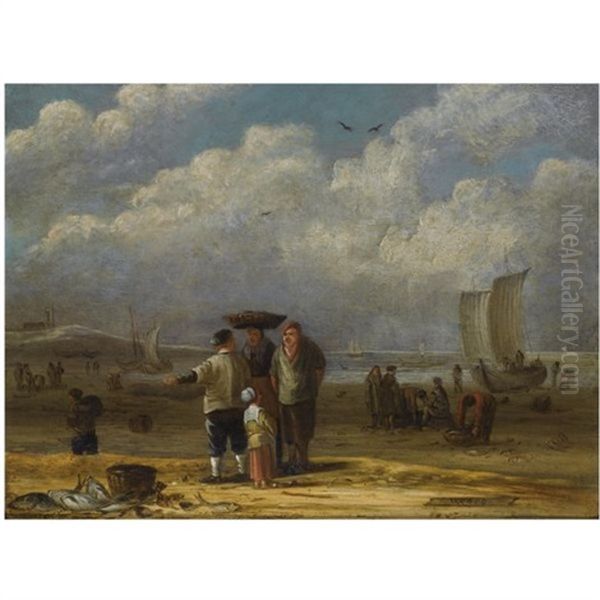 Fishermen And Women Conversing On The Beach, Other Fishermen Unloading Their Catch In The Background Oil Painting by Willem Gillisz Kool