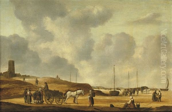 Fisherfolk On The Beach Of Egmond Aan Zee Oil Painting by Willem Gillisz Kool