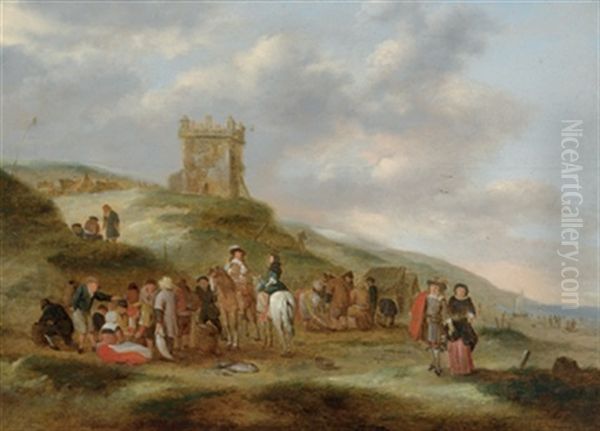 Hollandische Kustenlandschaft Mit Fischverkauferin, Zwei Reitern Und Einem Eleganten Paar Oil Painting by Willem Gillisz Kool