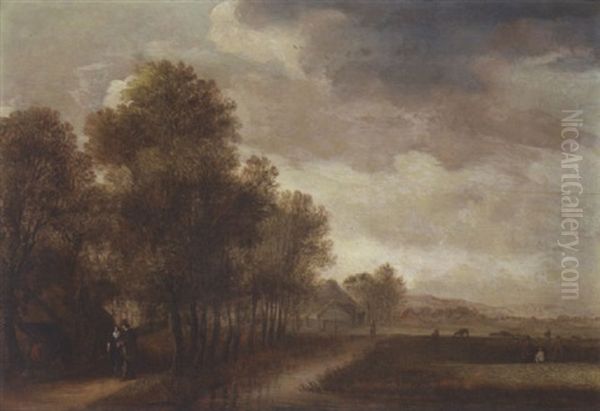 A Landscape With Figures Walking Along An Avenue Of Trees, A Cottage Nearby Oil Painting by Willem Gillisz Kool