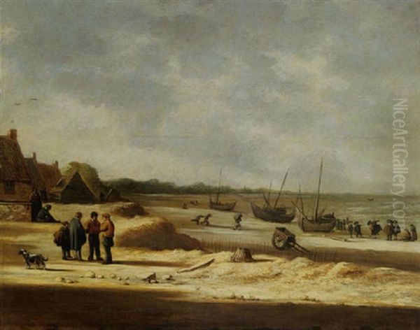 A Beach Scene With Fisherfolk In A Dune Village And Fishing Boats Moored On The Beach Oil Painting by Willem Gillisz Kool