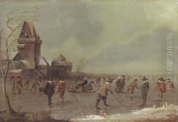 Burgerliche Vergnugen Auf Einem Vereisten Fluslauf Oil Painting by Willem Gillisz Kool