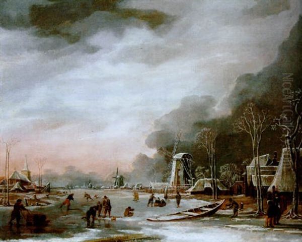 Eisvergnugen Vor Einer Hollandischen Kleinstadt Oil Painting by Willem Gillisz Kool