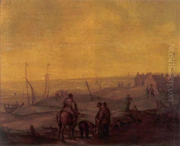 Fisherfolk In A Dune Landscape With Sailing Boats On A Beach, A Town Beyond Oil Painting by Willem Gillisz Kool