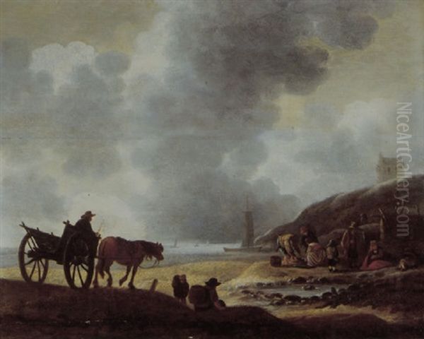 A Beach Scene With Fisherfolk And Their Catch, A Peasant In A Horse Drawn Carriage Approaching Oil Painting by Willem Gillisz Kool