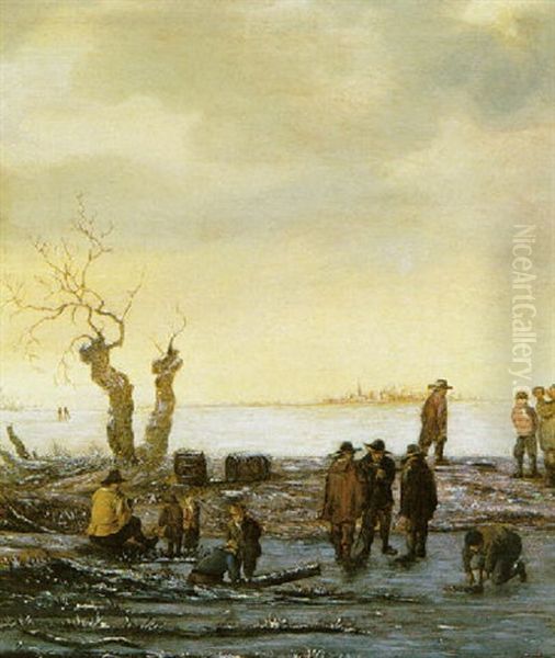 Paysage Aux Patineurs Oil Painting by Willem Gillisz Kool