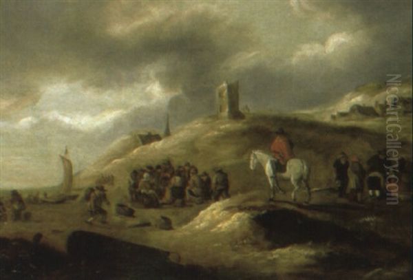 Fishermen Selling Their Catch On The Beach At Scheveningen(?) Oil Painting by Willem Gillisz Kool