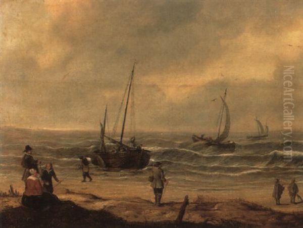 Fishermen Unloading Their Catch On A Beach With Other Vessels Oil Painting by Willem Gillisz Kool