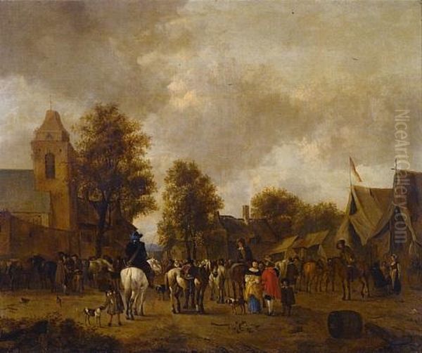 A Horse Fair In A Village Square Oil Painting by Jacobus Koolen