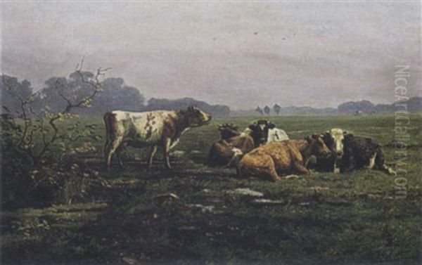 Cattle In A Landscape Oil Painting by Arie Cornelius Kooper