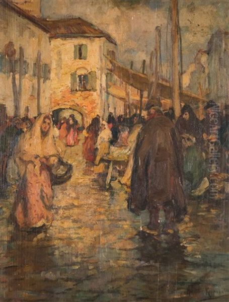 Rainy Day At Market Oil Painting by Augustus Koopman