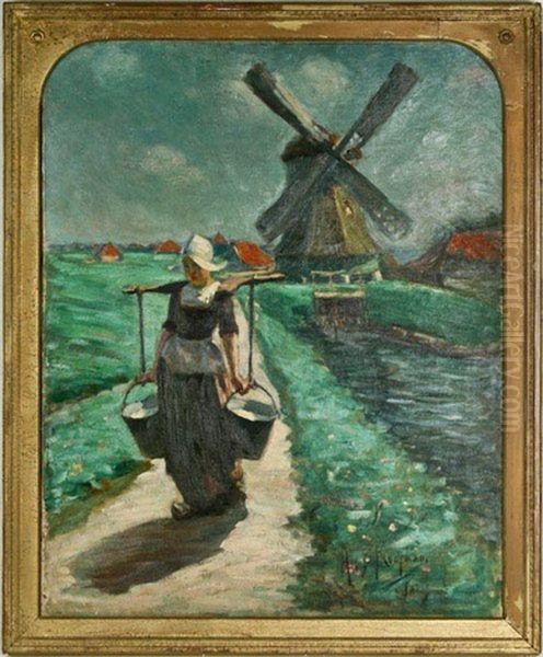 A Volendam Milk-maid Oil Painting by Augustus Koopman