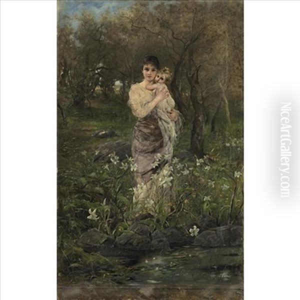 A Mother And Her Child Among Lilies Oil Painting by Joszi Arpad Koppay