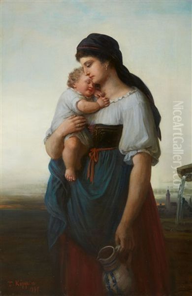 A Mother And Child By A Well Oil Painting by Theodor Koeppen