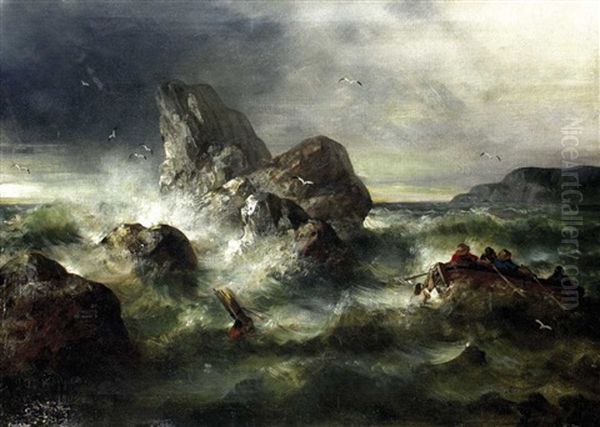 Sturm An Felsiger Kuste Mit Vier Mannern In Einem Boot Oil Painting by Theodor Koeppen