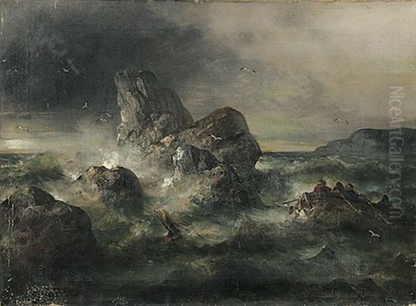 Sturmische Meereskuste Mit Ruderboot In Seenot Oil Painting by Theodor Koeppen