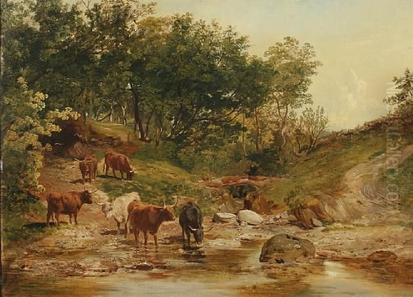 Cattle Watering By A Pool Oil Painting by Richard Beavis