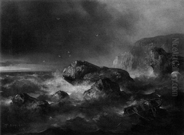 Schiffbruchiger Vor Sturmischer Felsenkuste Oil Painting by Theodor Koeppen