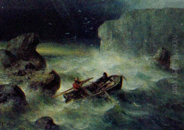 Sturm An Felsiger Kuste, Drei Manner In Einem Ruderboot Oil Painting by Theodor Koeppen