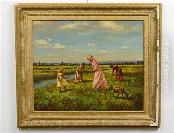 Landscape Of Figures Gathering Flowers Oil Painting by Cornelis Koppenol