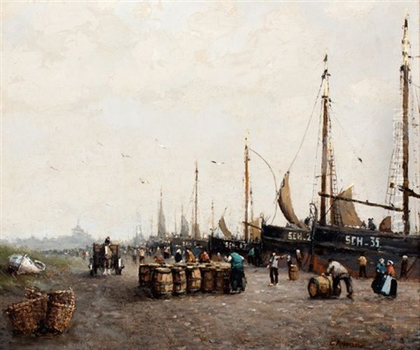 Bedrijvigheid Van Vissers Bij Bomschuiten Op Het Scheveningse Strand, In De Verte Seinpost Oil Painting by Cornelis Koppenol