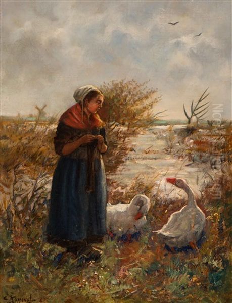 Farmer And Two Geese By The Water's Edge Oil Painting by Cornelis Koppenol