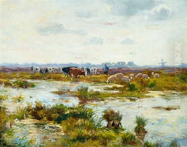 Farmer With Sheep And Cows In A Wide Landscape Oil Painting by Cornelis Koppenol