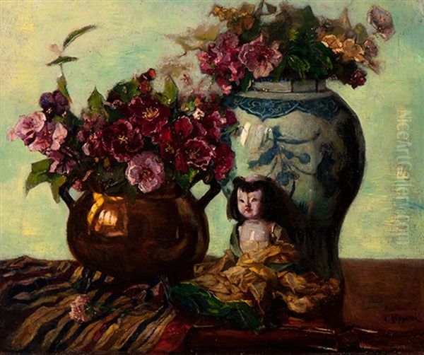 Still Life With Brass Pitcher, Chinese Vase And Doll Oil Painting by Cornelis Koppenol