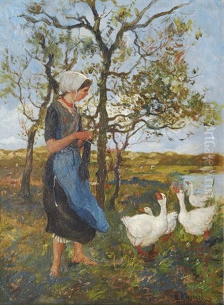 A Woman With Geese Oil Painting by Cornelis Koppenol