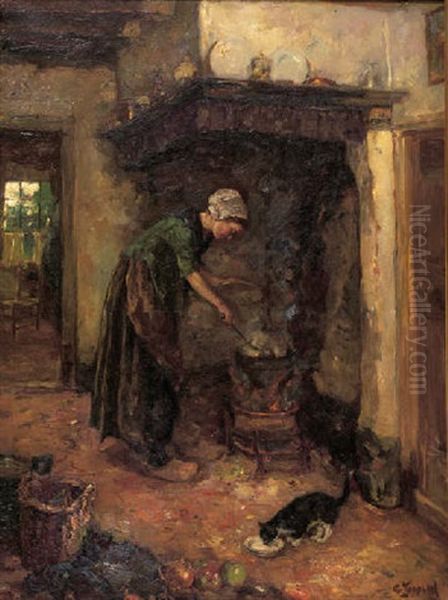 A Woman Preparing A Meal In A Kitchen Oil Painting by Cornelis Koppenol