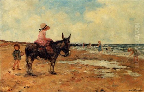 Children And A Donkey On The Beach Oil Painting by Cornelis Koppenol