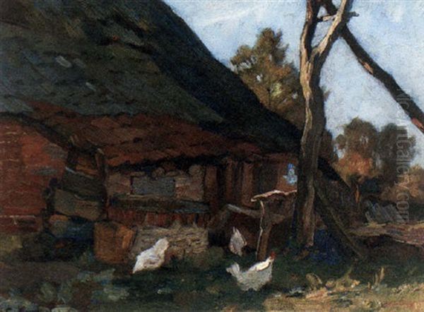 Chikens In Front Of A Farm Oil Painting by Cornelis Koppenol