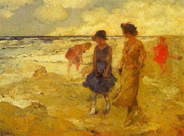 Women Walking On The Beach, Scheveningen Oil Painting by Cornelis Koppenol